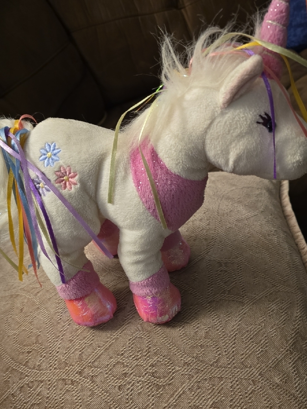 Plush White and Pink Unicorn Toy with Colorful Ribbon Mane Webkinz